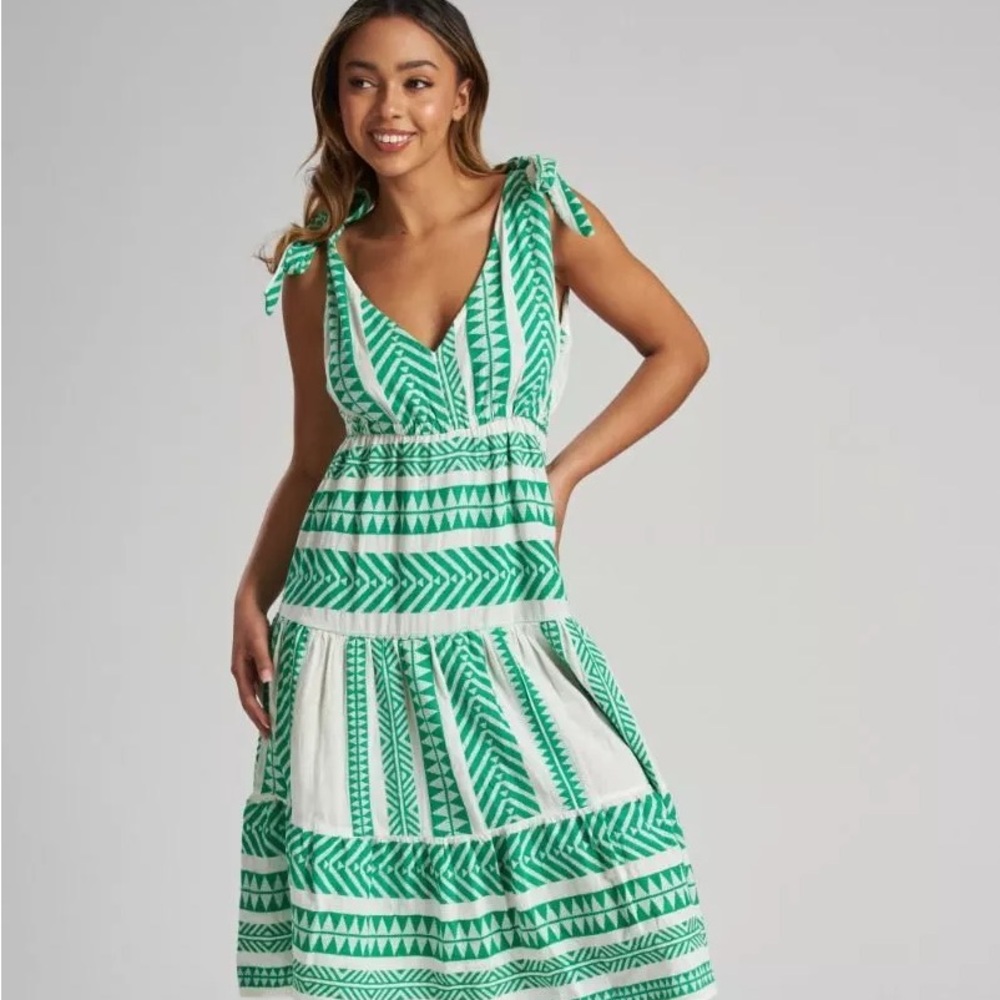 Spoiled Rotten Ladies Apparel Green and White Tiered Midi Sundress